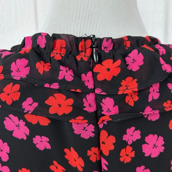 Dee Elly Floral Ruffle Mini Dress XL Long Sleeve V Neck Tiered Black Romantic - Picture 8 of 10